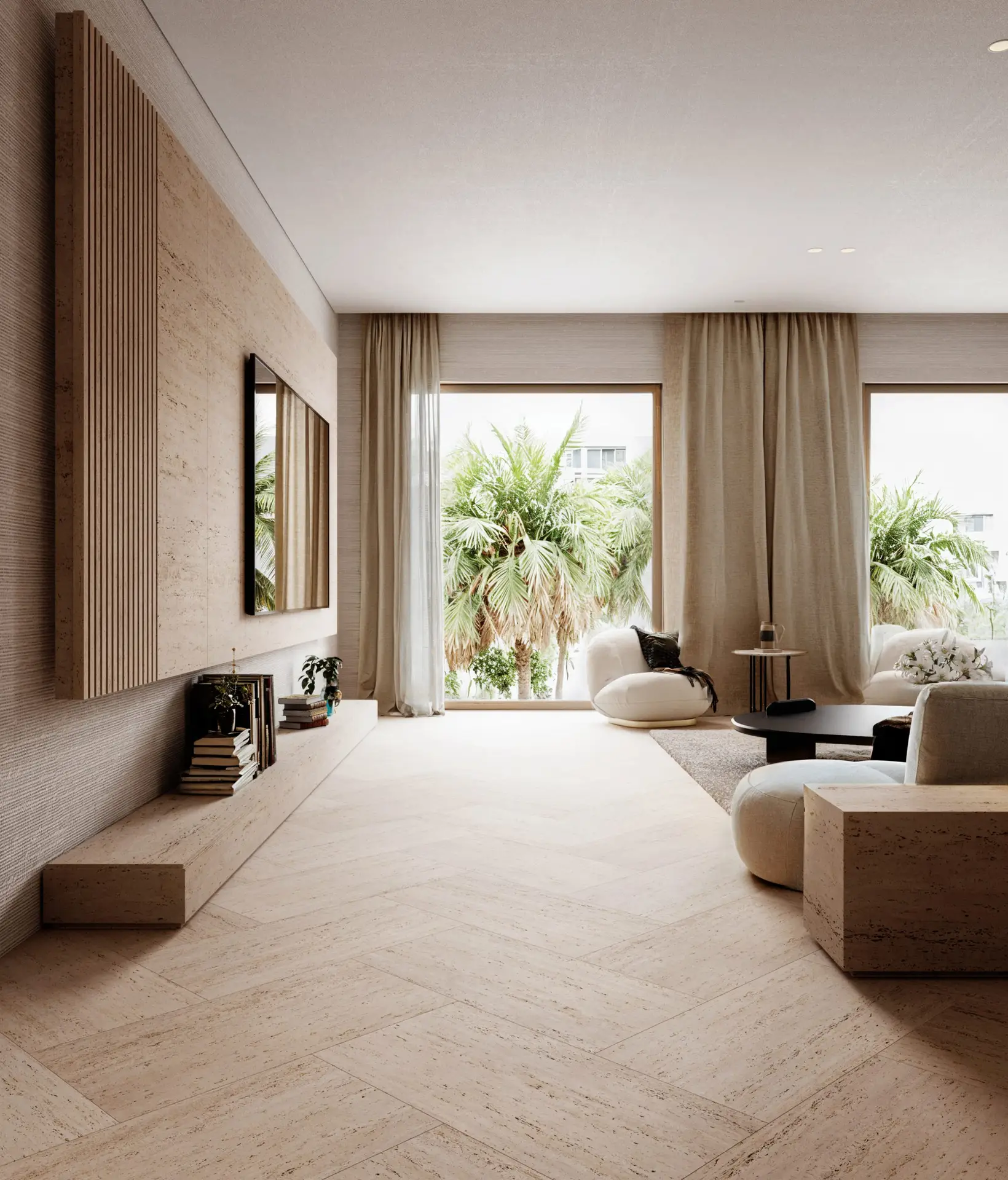 visualizzazione 3D Kuwait soggiorno design contemporaneo con materiali naturali