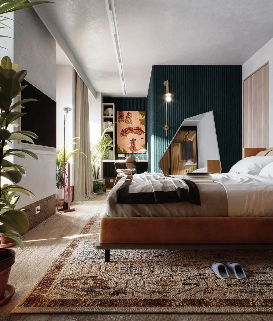 render camera da letto moderna con parete verde design Bonassola