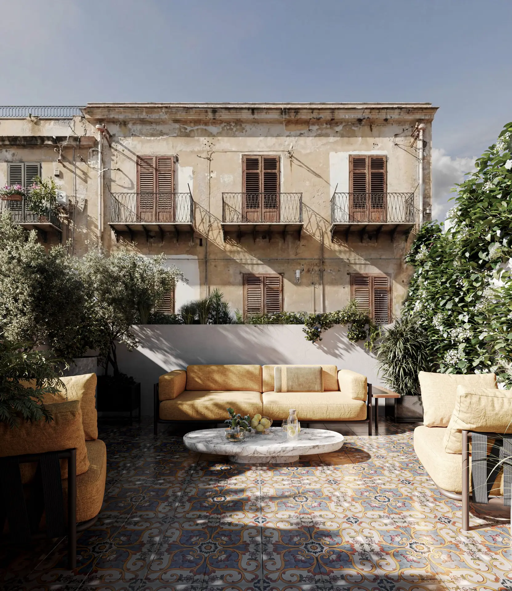 terrazza hotel Palermo design mediterraneo con pavimentazione artistica e luce naturale