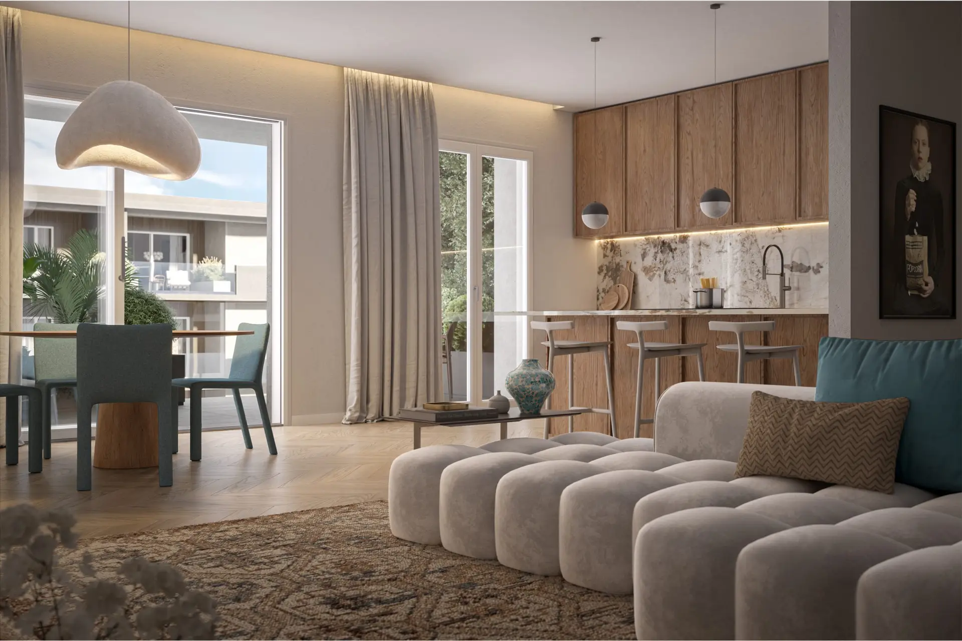 Render 3D salotto open space beige - DDvisualization