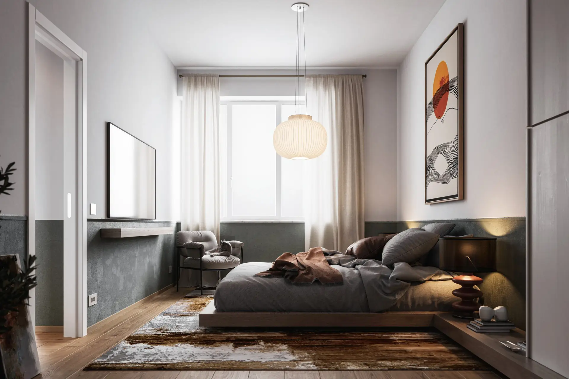 Rendering 3D di interni camera da letto grigia - DDvisualization