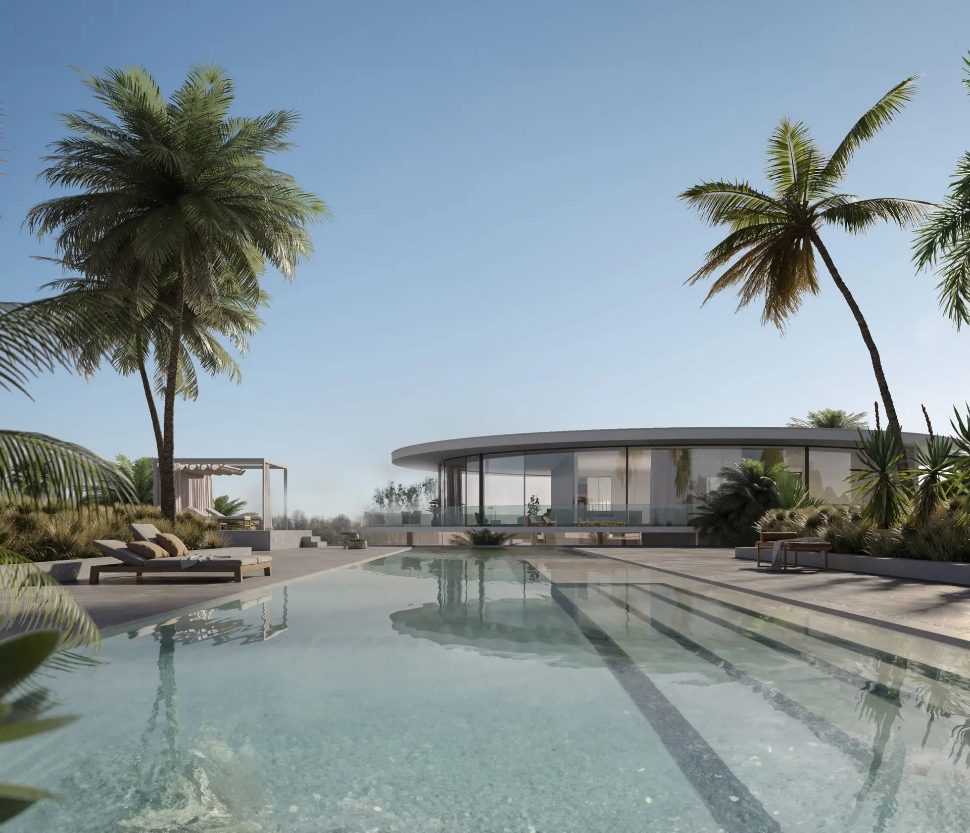 render villa moderna con piscina vista esterna